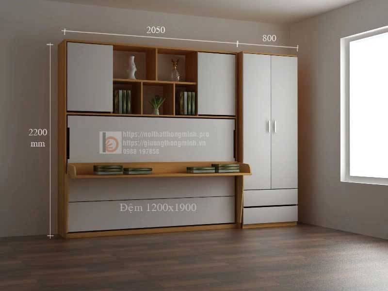 giường thông minh đơn 1m2 gấp ngang có tủ và bàn học